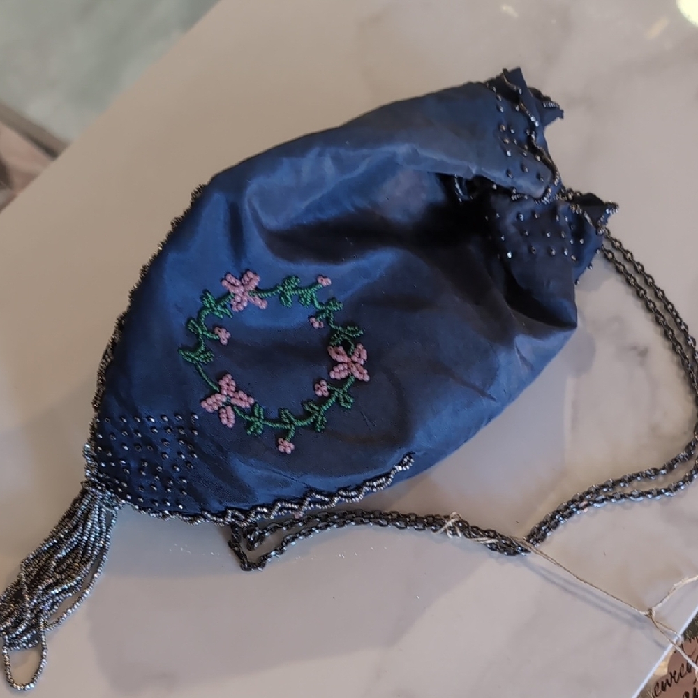 Embroidered Blue Beaded Pouch